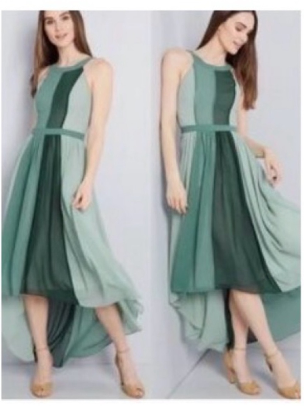 ModCloth Colorblock High-Low Dress in Mint and Forest Green